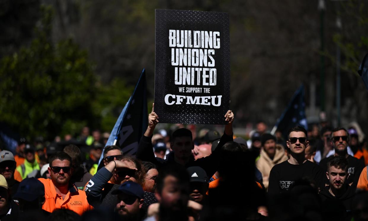 <span>Union members ‘don’t want to walk for 72 hours’ but that would be considered at another rally next week if the ‘attack’ on work agreements continues, Victorian ETU secretary says.</span><span>Photograph: James Ross/AAP</span>