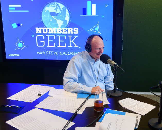 Steve Ballmer records an episode of “Numbers Geek,” the podcast that is a collaboration between GeekWire and Ballmer’s USAFacts. (GeekWire Photo / Kevin Lisota) <strong><a href="https://www.geekwire.com/numbersgeek/" rel="nofollow noopener" target="_blank" data-ylk="slk:Follow the series.;elm:context_link;itc:0;sec:content-canvas" class="link ">Follow the series.</a></strong>