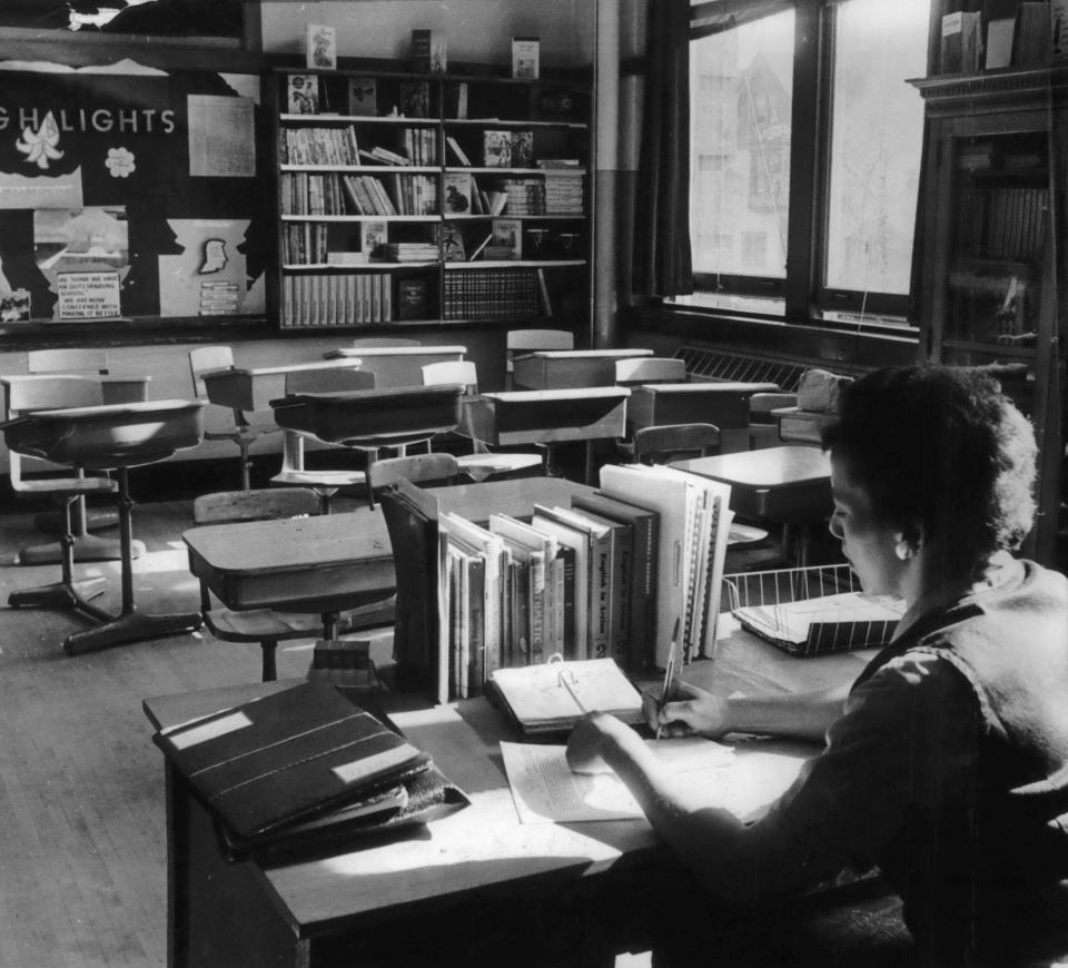 Bessie Jones, a teacher at North Division High School, sits in an empty classroom on May 18, 1964, the day of the boycott in Milwaukee called by civil rights leaders to protest de facto segregation in public schools.