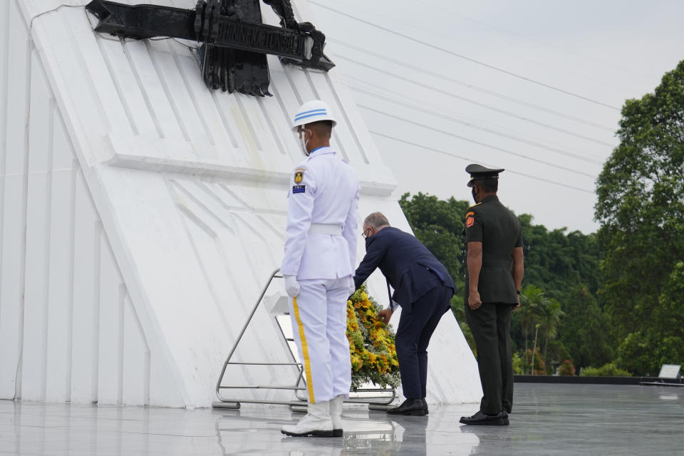 Australian Prime Minister Anthony Albanese lays a wreath during the ceremony at Kalibata Heroes Cemetery in Jakarta, Indonesia, Monday, June 6, 2022. (AP Photo/Achmad Ibrahim)