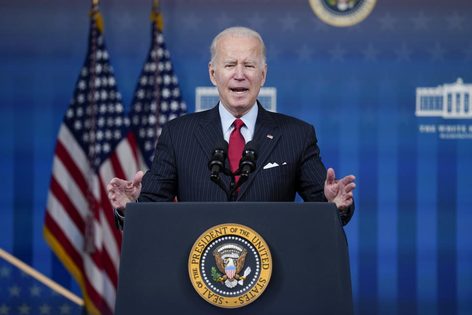 President Joe Biden delivers remarks on the economy in the South Court Auditorium on the White House campus, Tuesday, Nov. 23, 2021, in Washington. (AP Photo/Evan Vucci)