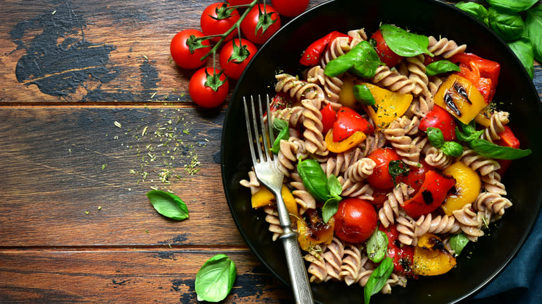 Pasta salad with charred vegetables