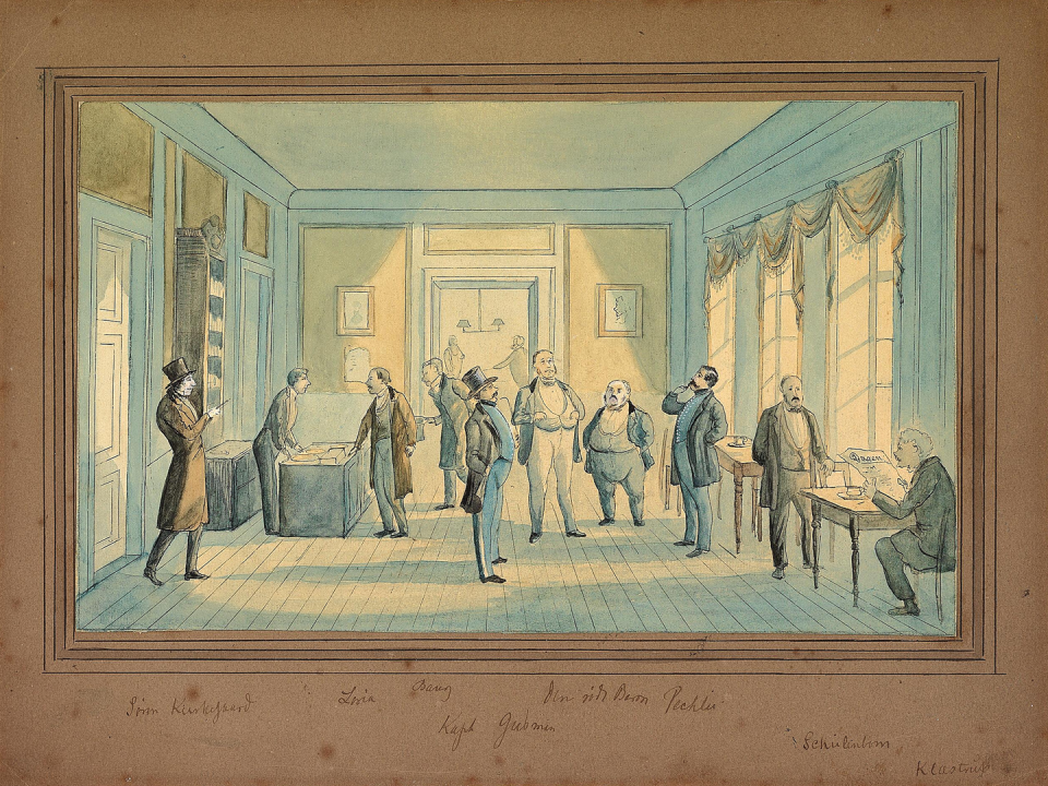 <span class="caption">Søren Kierkegaard (a la izquierda del todo) entrando en un salón en Copenhague. Obra de P.C. Klæstrup.</span> <span class="attribution"><a class="link " href="https://commons.wikimedia.org/wiki/File:Peter_Christian_Kl%C3%A6strup_-_S%C3%B8ren_Kierkegaard_i_en_salon_i_K%C3%B8benhavn.png" rel="nofollow noopener" target="_blank" data-ylk="slk:Bruun Rasmussen / Wikimedia Commons;elm:context_link;itc:0;sec:content-canvas">Bruun Rasmussen / Wikimedia Commons</a></span>