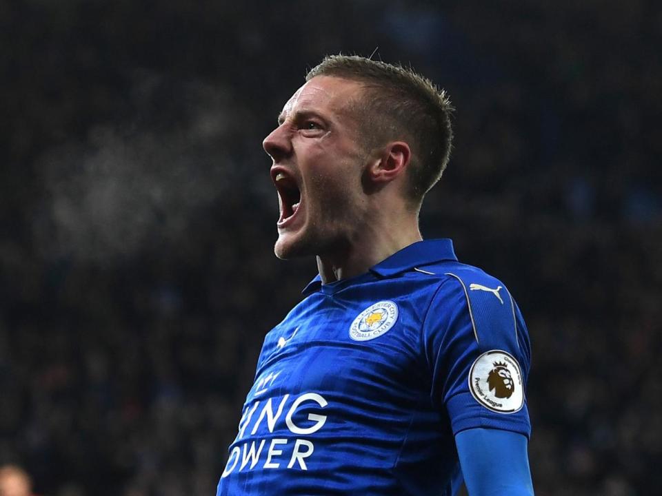 Vardy celebrates after scoring his first Premier League goal of 2017 (Getty)