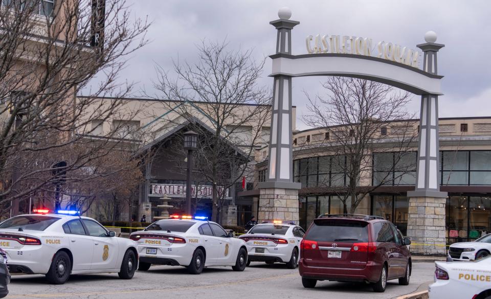 A sizable police presence at Castleton Square Mall after a report of a mid-afternoon shooter, Indianapolis, Friday, Feb. 17, 2023. 