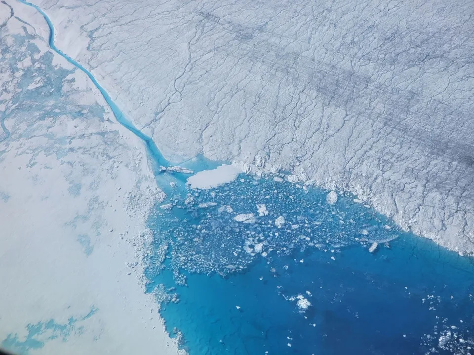 A July 2022 photo of melting summer sea ice in the Arctic Ocean near Greenland.
