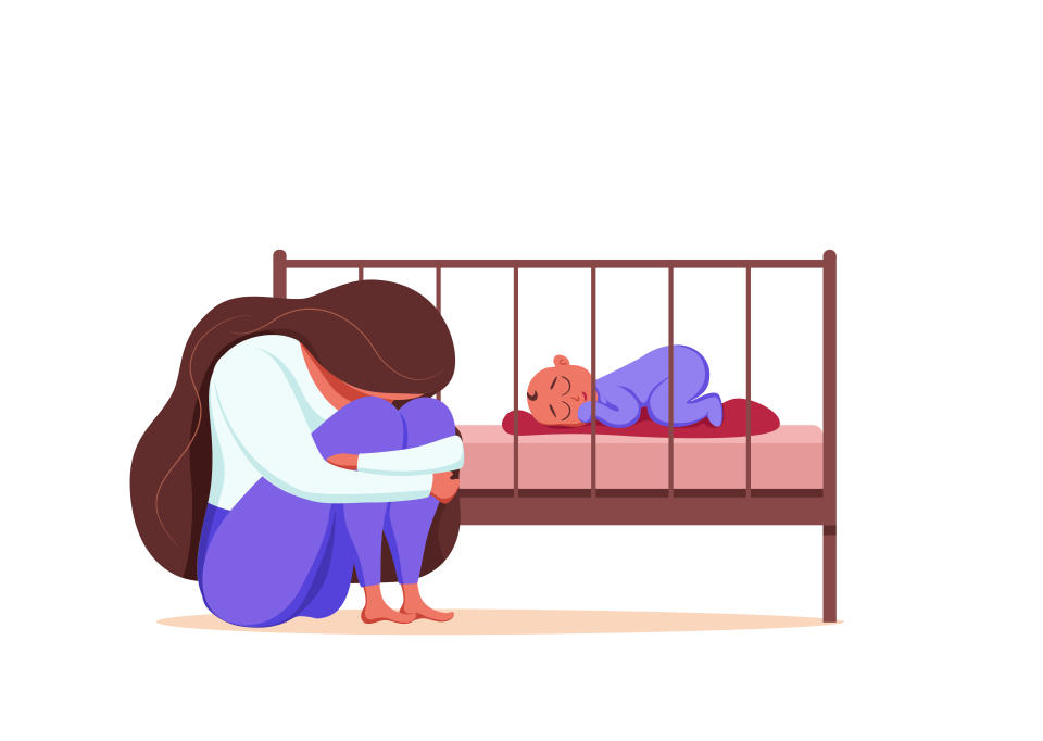 Postpartum depression illustration of sad tired woman near newborn baby sleeping in flat style. Psychology problem of postnatal depression, mood disorder of childbirth, motherhood and parent difficulty.