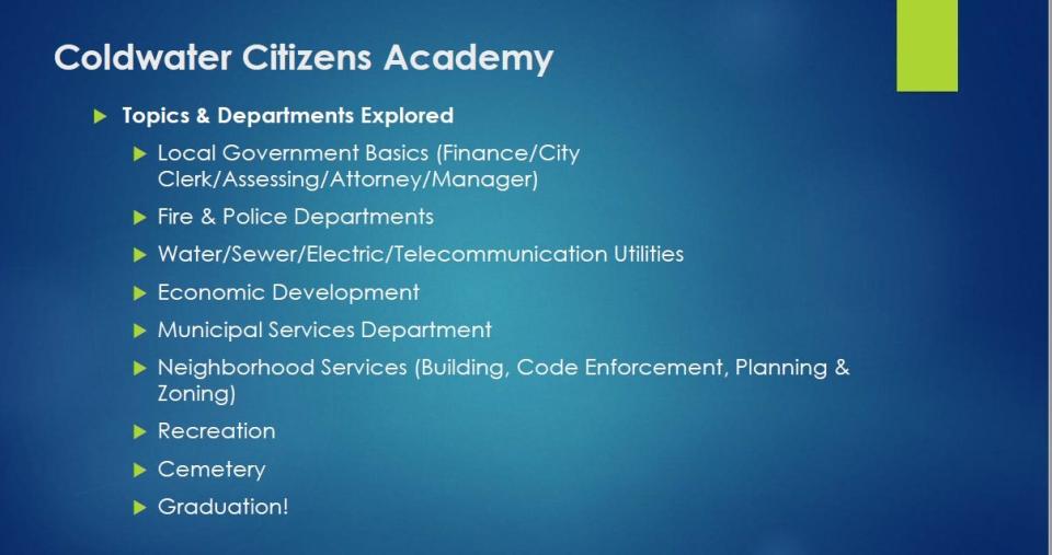 These are the monthly topics and departments the Citizen's Academy would cover in the six months of educational programs.