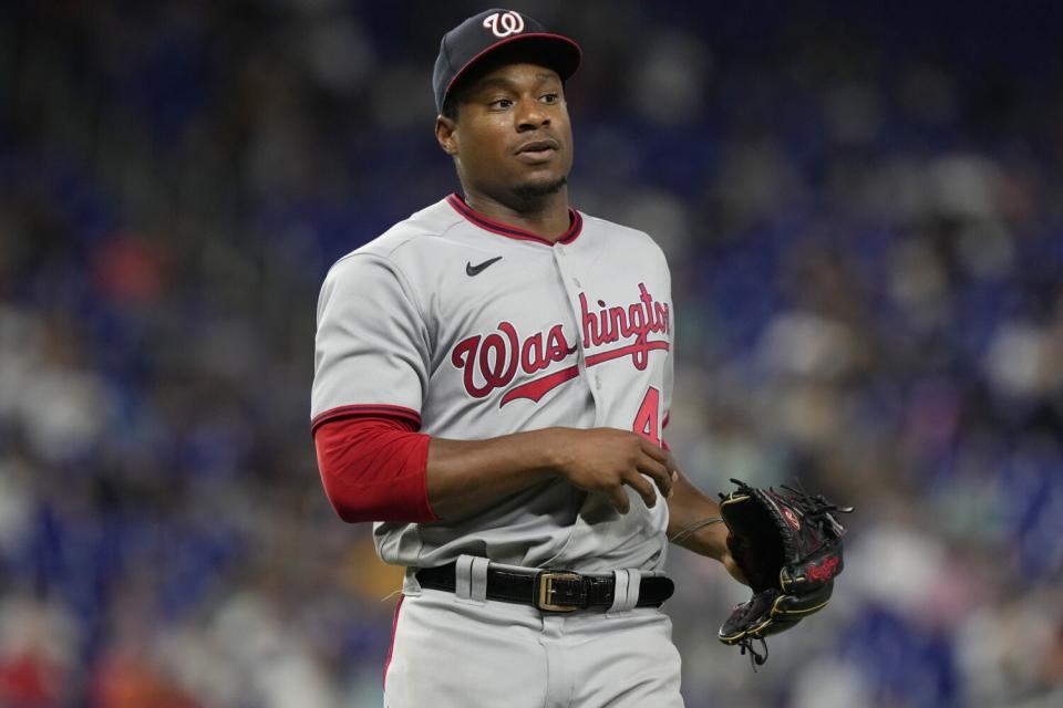 Josiah Gray pitches for the Washington Nationals against the Miami Marlins on May 16, 2023, in Florida.