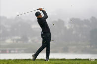 Cameron Champ watches his tee shot on the 15th hole during the third round of the PGA Championship golf tournament at TPC Harding Park Saturday, Aug. 8, 2020, in San Francisco. (AP Photo/Jeff Chiu)