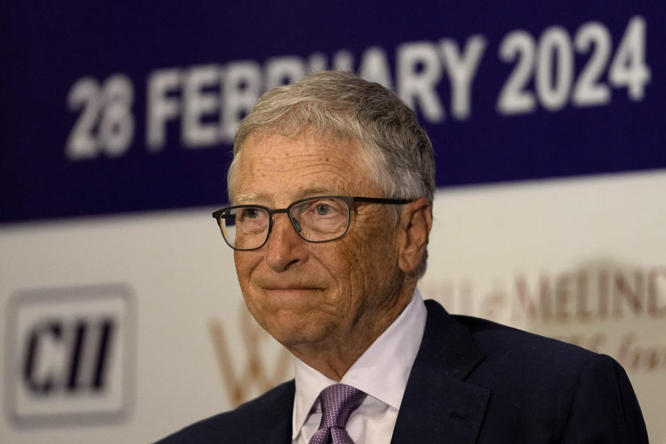 FILE - Bill Gates, co-chair of the Bill and Melinda Gates Foundation, gestures during the unveiling of the logo and website of Alliance for Global Good – Gender Equity and Equality, Feb. 28, 2024, in New Delhi. Melinda French Gates will step down as co-chair of the Bill & Melinda Gates Foundation, the nonprofit shone of the largest philanthropic foundations in the world that she helped her ex-husband Bill Gates found more than 20 years ago. (AP Photo/Manish Swarup, File)