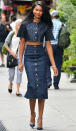 <p>The summer Canadian tuxedo is undoubtedly having a moment, but Chanel Iman managed to take hers to the next level coordinating this look down to her frayed denim stilettos.</p>