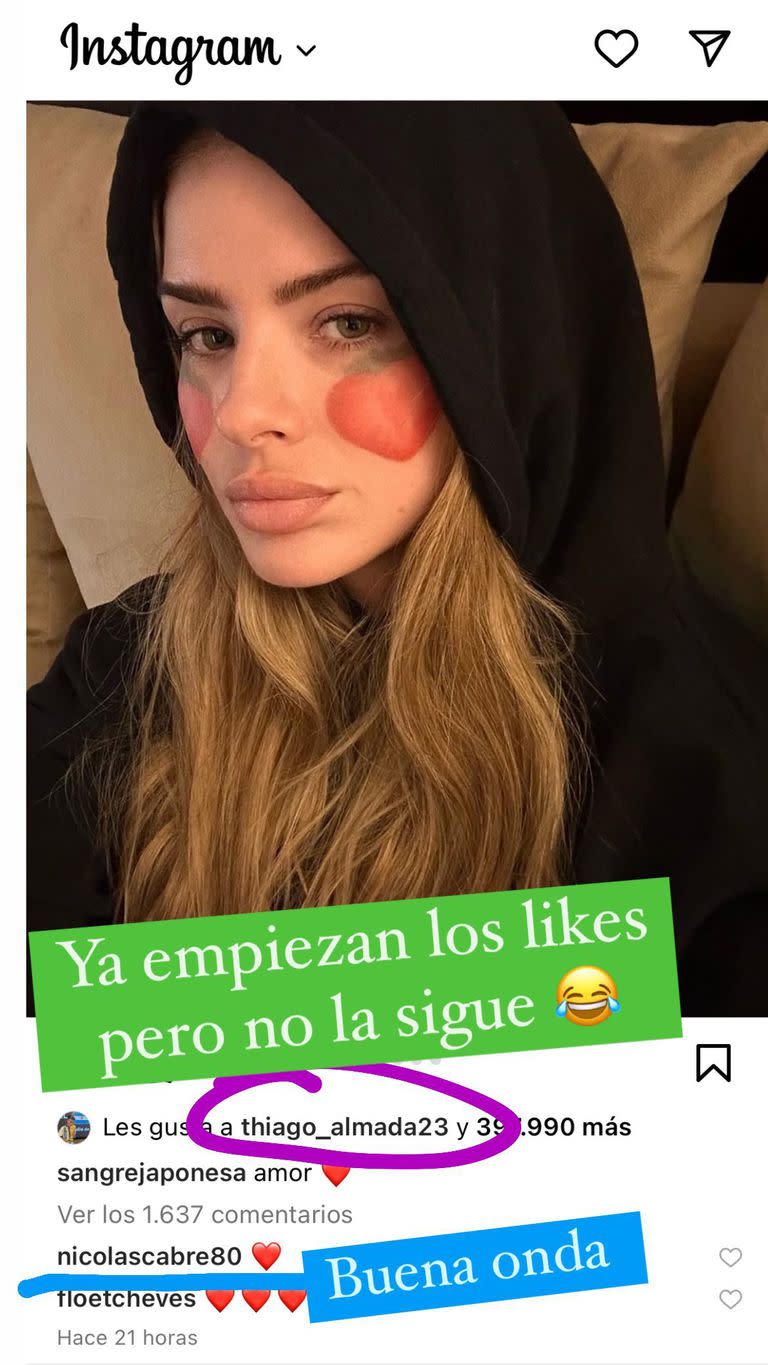 La influencer compartió una captura en la que el futbolista le dio like a la actriz