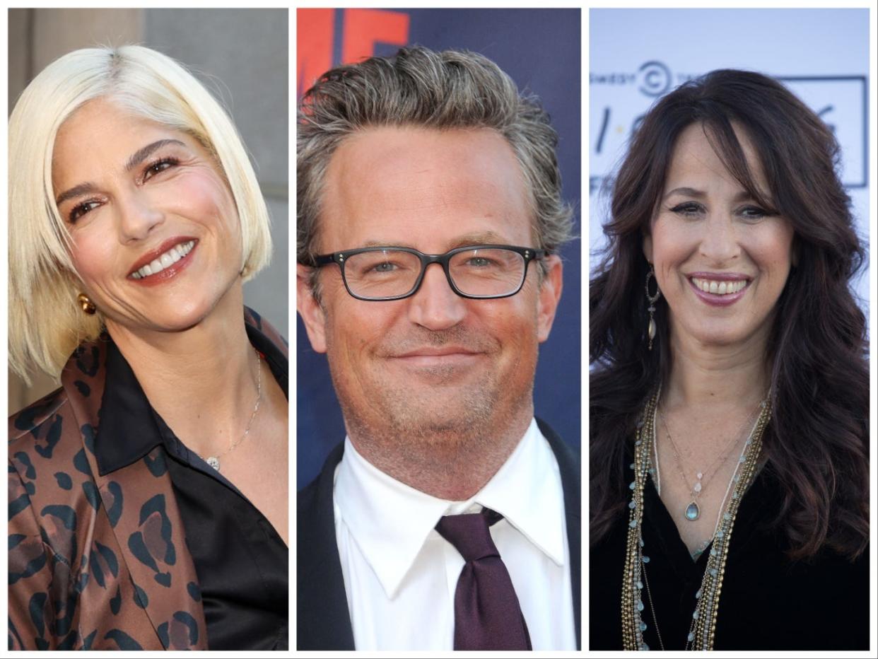 A photo collage of images of Selma Blair, Matthew Perry, and Maggie Wheeler