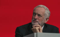 Britain's Labour leader Jeremy Corbyn looks on during the Labour Party's annual conference at the Arena and Convention Centre (ACC), in Liverpool, England, Tuesday Sept. 25, 2018. (Peter Byrne/PA via AP)