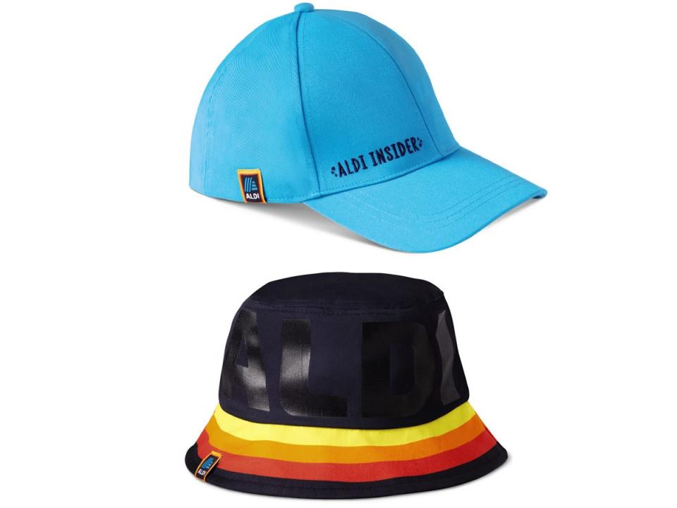 A light-blue Aldi Gear cap with &quot;Aldi Insider&quot; embroidered on it; A dark-blue Aldi Gear bucket hat with red, orange, and yellow stripes