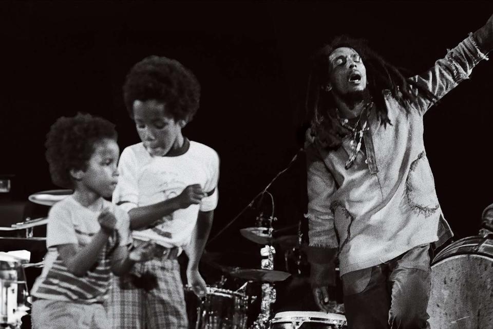 <p>Adrian Boot Â© Fifty-Six Hope Road Music Limited</p> Ziggy and Stephen Marley join their father on stage 