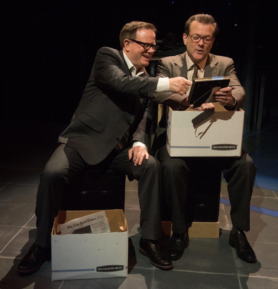 Sheffield Chastain, left, and Rod Brogan play colleagues sharing some memories in Florida Studio Theatre’s production of “Network.”