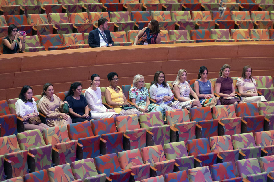 First lady Jill Biden, center, and spouses of heads of state watch a musical performance by Youth Orchestra Los Angeles at The Walt Disney Concert Hall during a spouses luncheon at the Summit of the Americas, Friday, June 10, 2022, in Los Angeles. (AP Photo/Michael Owen Baker)