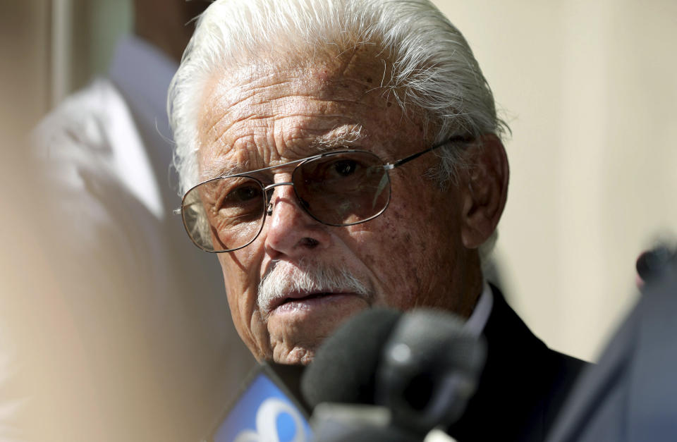 Ruben Flores speaks to the media outside a Salinas Court Tuesday Oct. 18, 2022, in Salinas, Calif. Flores, was found not guilty of charges of being an accessory to murder after the fact for allegedly helping his son, Paul Flores, bury the body of missing Cal Poly student Kristin Smart. Jurors unanimously found Paul Flores guilty of first-degree murder. (Daniel Dreifuss/Monterey Weekly via AP)