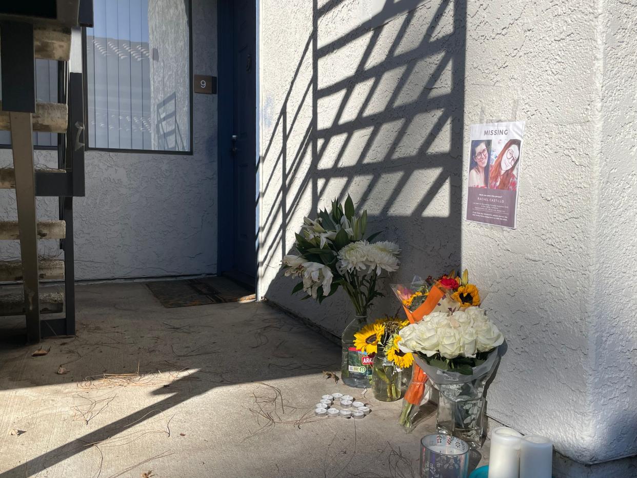A makeshift memorial sits outside the door of the Simi Valley apartment of Rachel Castillo. She went missing Nov. 10, and her body was found about four days later.