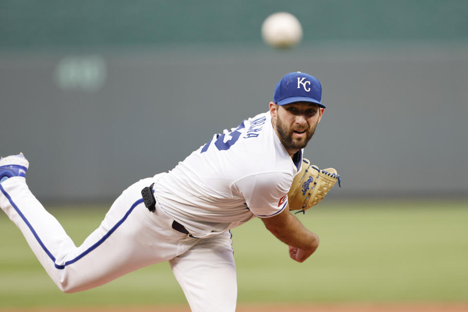 Kansas City Royals pitcher Michael Wacha watches a throw to a Cleveland Guardians batter during the first inning of a baseball game in Kansas City, Mo., Thursday, June 27, 2024. (AP Photo/Colin E. Braley)