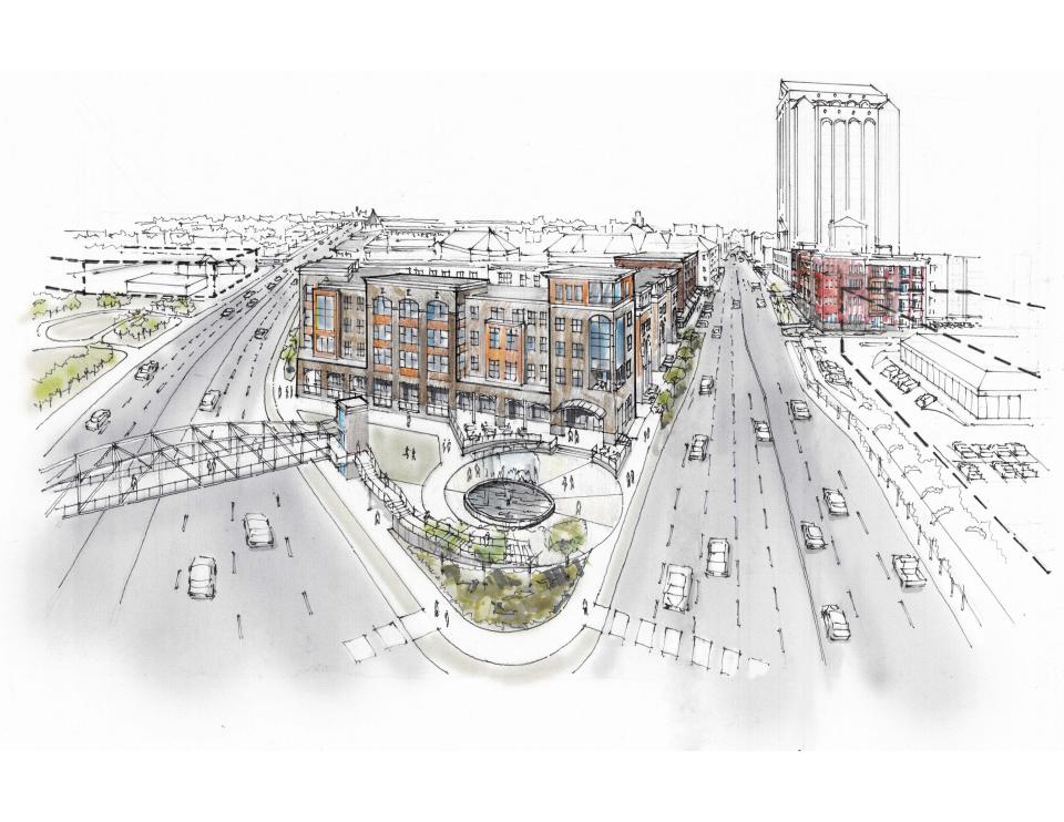 This rendering shows what a proposed Keystone mix-use development would resemble around Murfreesboro City Hall and Linebaugh Library in downtown area off Broad, Vine and Church streets. The Keystone developers plan to build 239 apartments in two four-story buildings by Linebaugh Library; 80 to 100 townhomes in four- or five-story building off Broad; hotel with 80 to 150 rooms off Vine and Broad; ground floor retail spaces that total 30,000 to 40,000 square feet; and 780 parking spaces, including 715 in two garages. The project is proposed by HRP development company of Brentwood and architect Bart Kline with Kline Swinney Associates of Nashville.