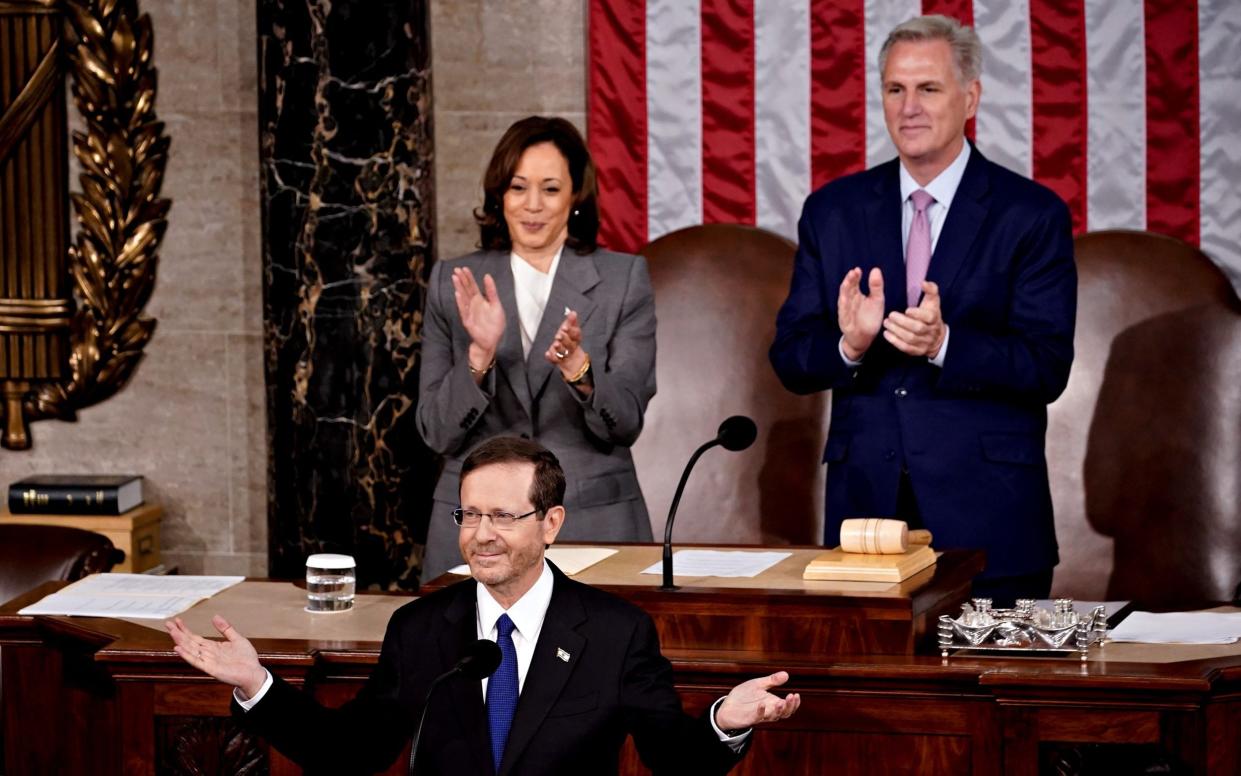 Kamala Harris presiding over the Senate chamber for a speech by Isaac Herzog, Israel's president, last July