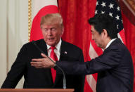 U.S. President Donald Trump attends a joint news conference with Japan's Prime Minister Shinzo Abe, at Akasaka Palace in Tokyo, Japan May 27, 2019. REUTERS/Athit Perawongmetha