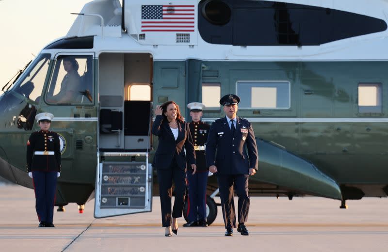 U.S. Vice President Kamala Harris boards Air Force Two to travel to El Paso, Texas