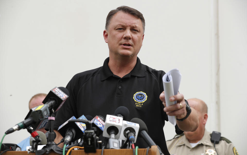 Special Agent Rick Rahn, of the Iowa Department of Criminal Investigation, speaks during a news conference about the investigation of missing University of Iowa student Mollie Tibbetts, Tuesday, Aug. 21, 2018, in Montezuma, Iowa. Police say a man in the country illegally has been charged with murder in the death of Tibbetts, who was reported missing from her hometown in the eastern Iowa city of Brooklyn in July 2018. (AP Photo/Charlie Neibergall)