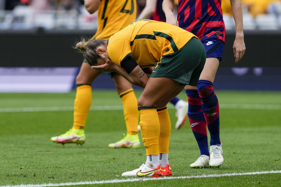 Matilda's Kyah Simon reacts after a missed shot at goal during the international soccer match between the United States and Australia at Stadium Australia in Sydney, Saturday, Nov. 27, 2021. (AP Photo/Mark Baker)