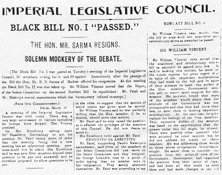 Newspaper condemning the Rowlatt Act passed on 18 March 1919.