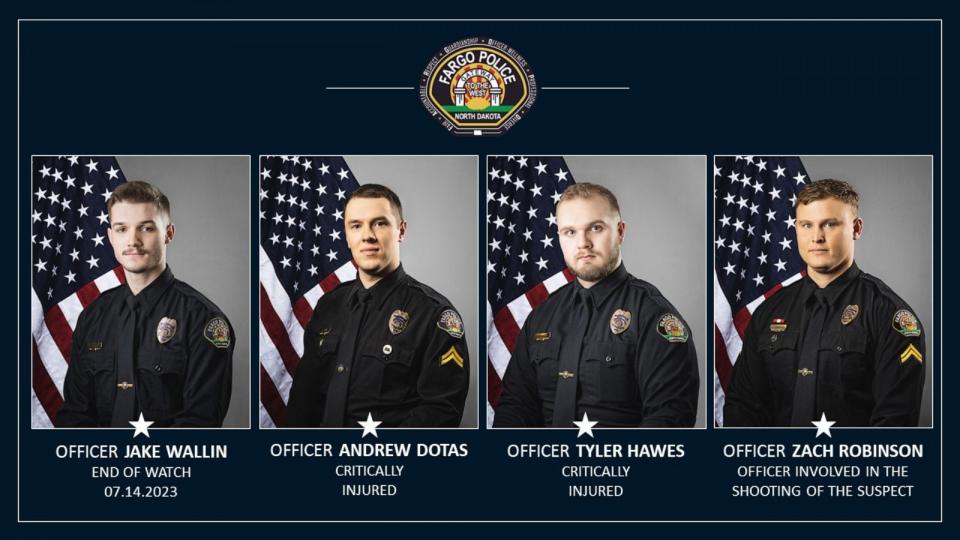 PHOTO: In this image released by the Fargo Police Department on July 15, 2023, Officers Jake Wallin, Andrew Dotas, Tyler Hawes, and Zach Robinson are shown. (Fargo Police Department)