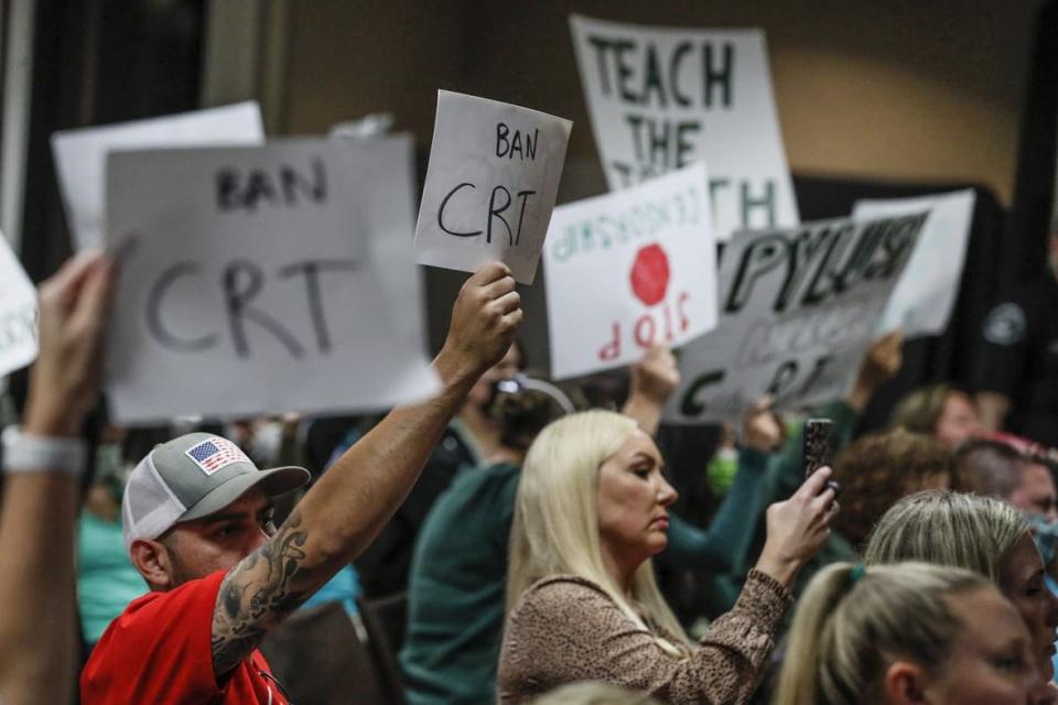 GOP presidential candidate Nikki Haley has urged governors to ban funding for schools that teach critical race theory. In this scene from California last year, proponents and opponents of teaching CRT attend a Placentia-Yorba Linda school board discussion of a proposed resolution to ban the teaching. (Robert Gauthier/Los Angeles Times via Getty Images)