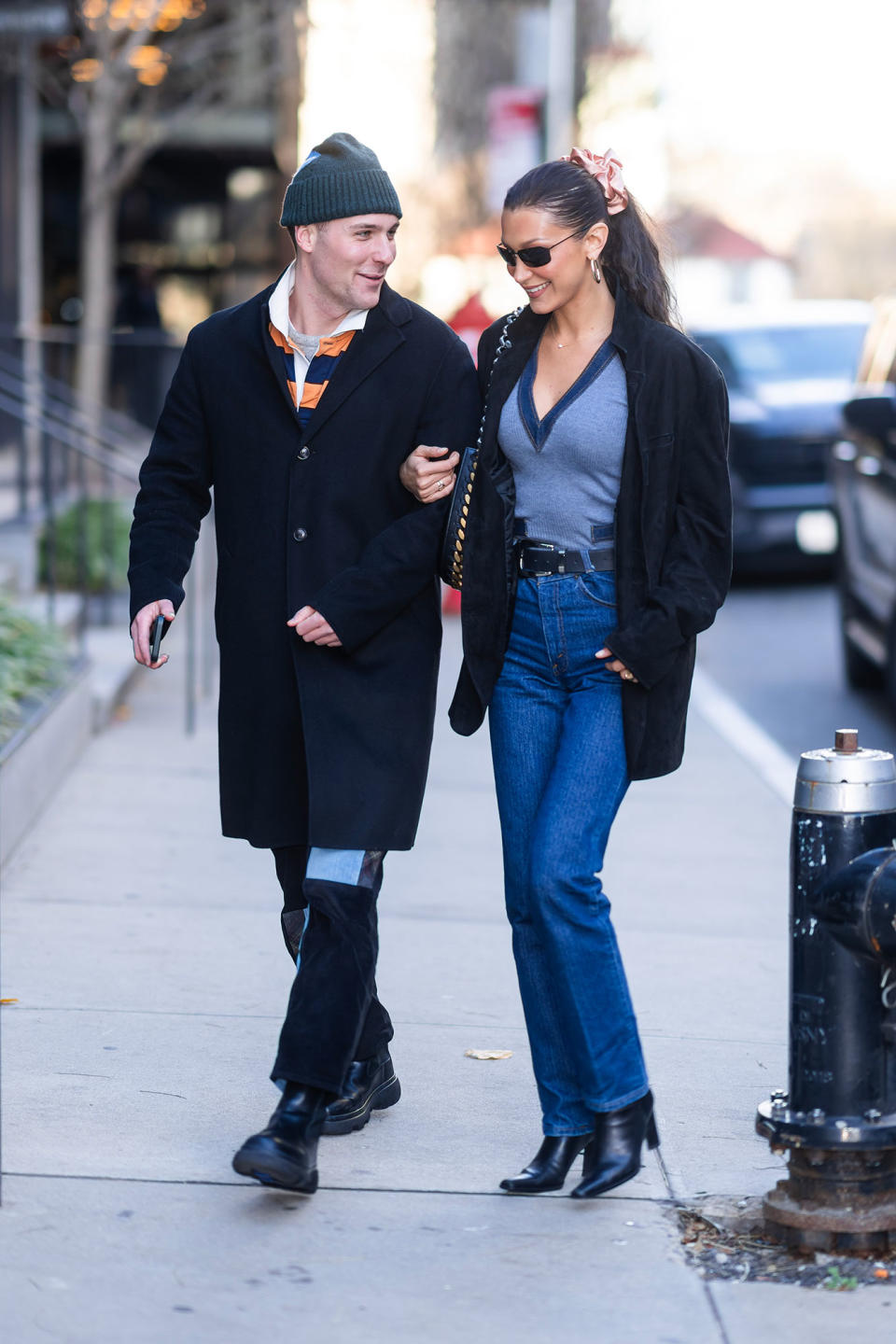 Bella Hadid Perfectly Pairs a Massive Scrunchie With Blue Outfit