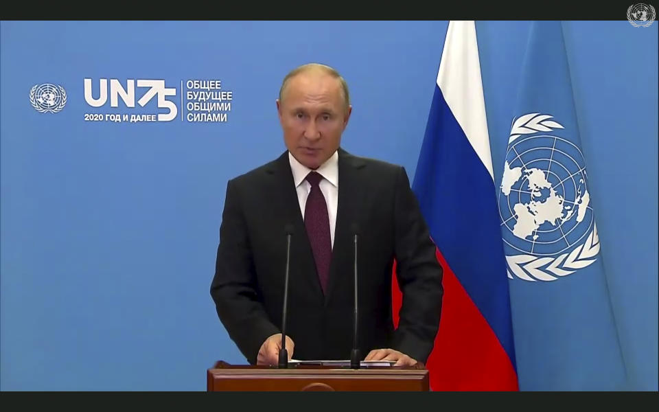 In this image made from UNTV video, Russian President Vladimir Putin speaks in a pre-recorded message which was played during the 75th session of the United Nations General Assembly, Tuesday, Sept. 22, 2020, at U.N. headquarters in New York. The U.N.'s first virtual meeting of world leaders started Tuesday with pre-recorded speeches from some of the planet's biggest powers, kept at home by the coronavirus pandemic that will likely be a dominant theme at their video gathering this year. (UNTV via AP)