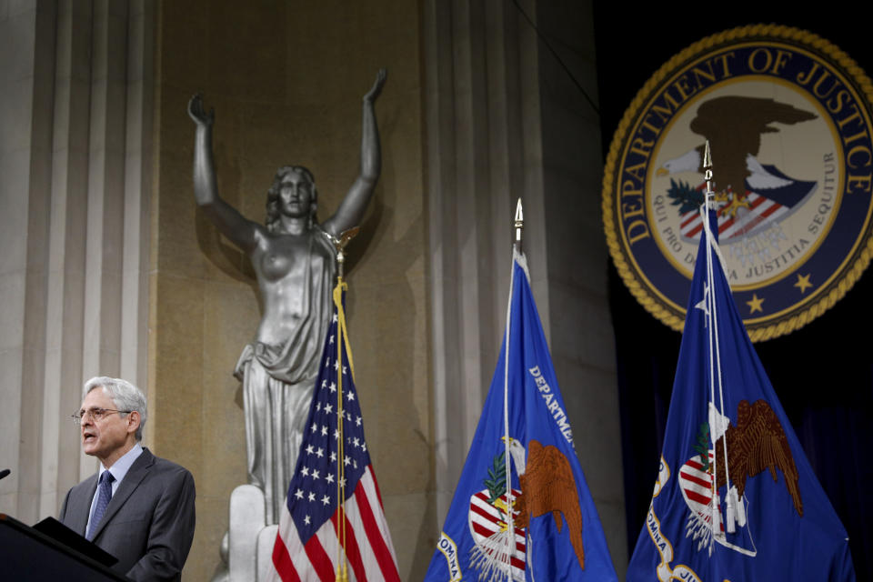 U.S. Attorney General Merrick Garland speaks about voting rights at the Justice Department in Washington, on Friday, June 11, 2021. (Tom Brenner/The New York Times via AP, Pool)