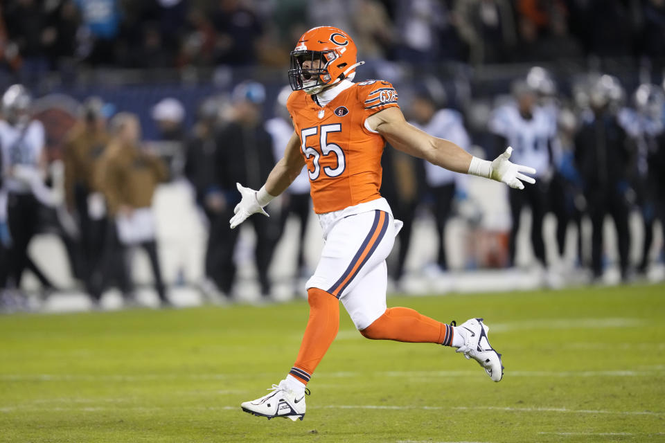 Chicago Bears linebacker Dylan Cole (55) celebrates after a missed field goal by the Carolina Panthers during the second half of an NFL football game Thursday, Nov. 9, 2023, in Chicago. (AP Photo/Charles Rex Arbogast)