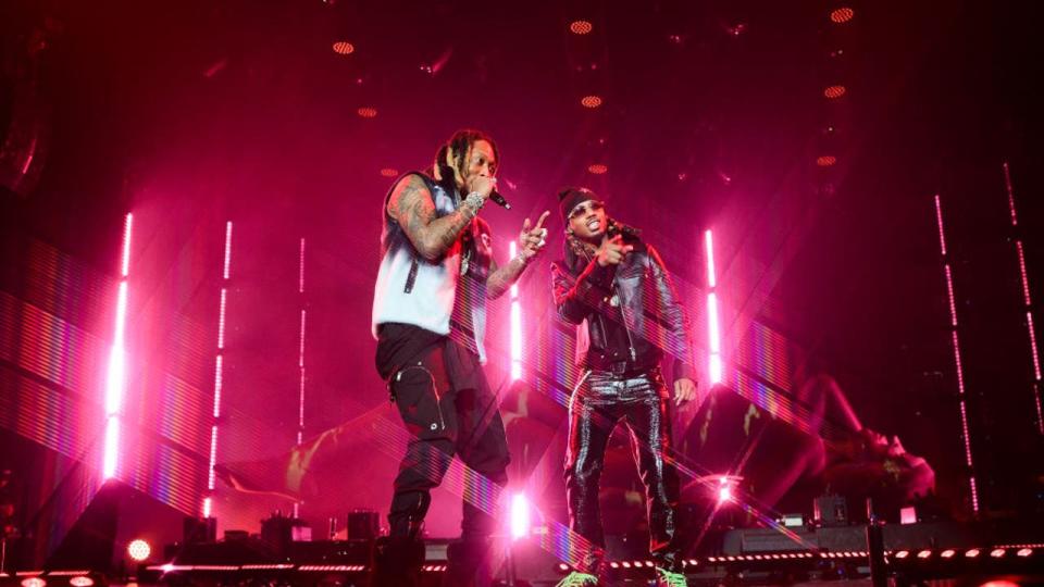 <div>ATLANTA, GA - JANUARY 14: (EDITOR NOTE: A lens filter was used in this image.)Future and Metro Boomin perform during Future & Friends "One Big Party Tour" at State Farm Arena on January 14, 2023 in Atlanta, Georgia.(photo by Prince Williams/Wireimage)</div>