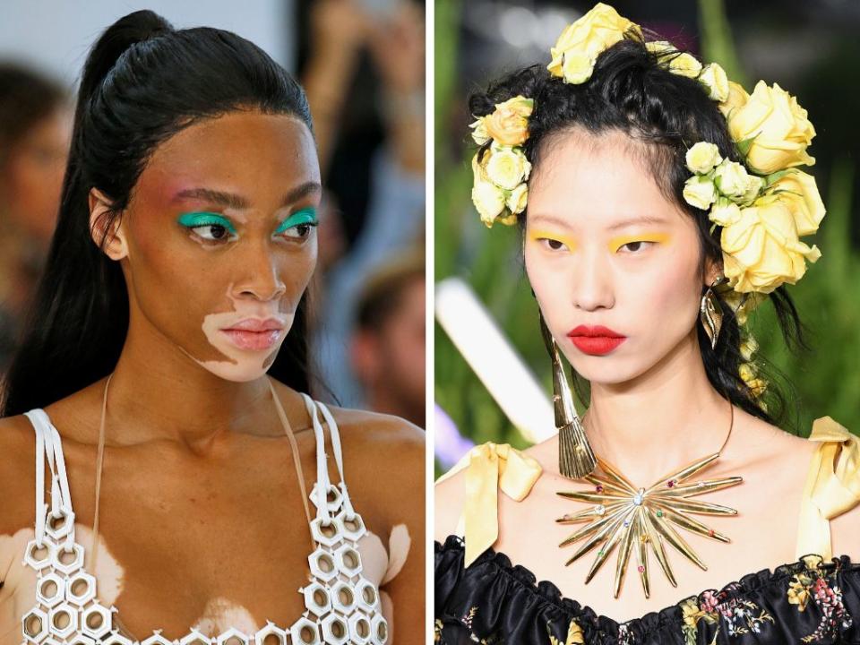 Left: Model Winnie Harlow walks the runway at the Byblos spring 2019 show. Right: A model walks the runway at the Rodarte spring 2019 show. (Photo: Getty)