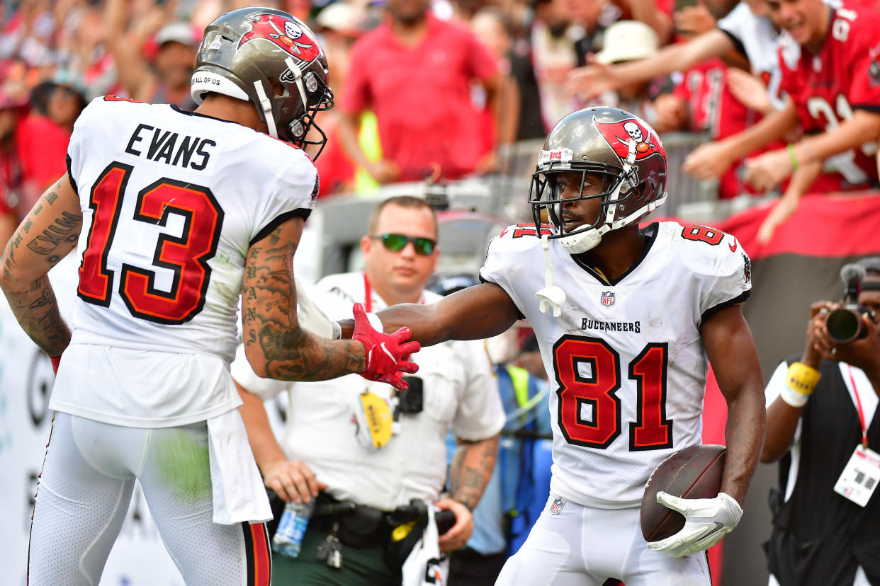 Antonio Brown #81 and Mike Evans #13 of the Tampa Bay Buccaneers 