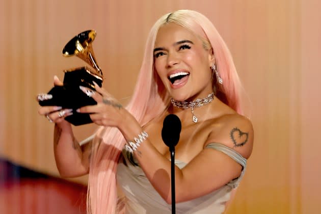 Karol G accepts the Best Música Urbana Album award for “Mañana Será Bonito” onstage during the 66th GRAMMY Awards at Crypto.com Arena on February 04, 2024 in Los Angeles, California. - Credit: Kevin Winter/Getty Images/The Recording Academy