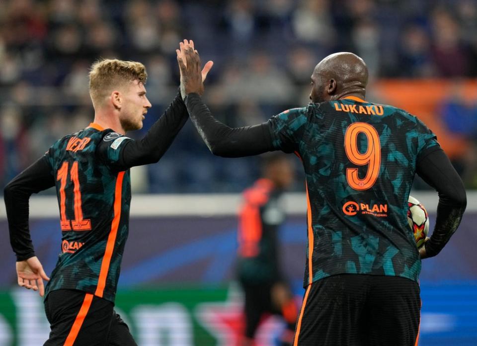 Timo Werner (left) and Romelu Lukaku celebrate a goal (Dmitri Lovetsky/AP) (AP)