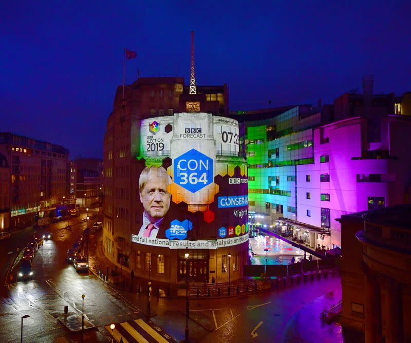 The election result is projected onto Broadcasting House in London