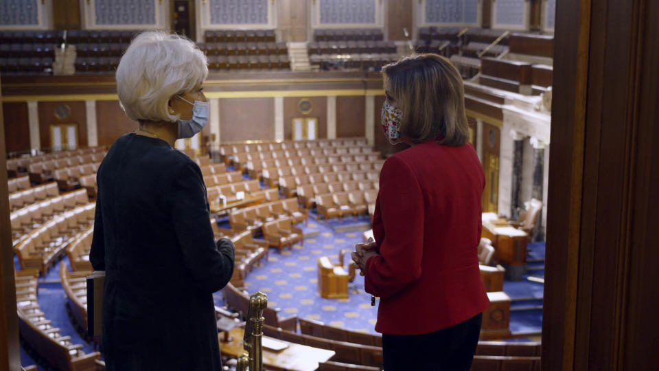 In an image provided by CBS News and "60 Minutes," House Speaker Nancy Pelosi, D-California, right, is interviewed by correspondent Leslie Stahl, Friday, Jan. 8, 2021, at the U.S. Capitol, in Washington. It was Pelosi's first interview since the insurrection at the Capitol on Wednesday, Jan. 6. The interview aired Sunday, Jan. 10 on "60 Minutes." (60 Minutes/CBSNews via AP)