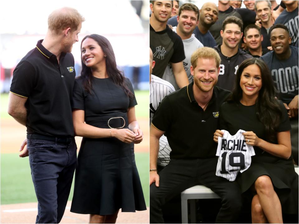 Side by side of Markle looking adoringly at Harry who's smiling back out on the baseball field. Harry and Markle smiling surrounded by Yankees players while holding up a mini jersey that reads "Archie 19."