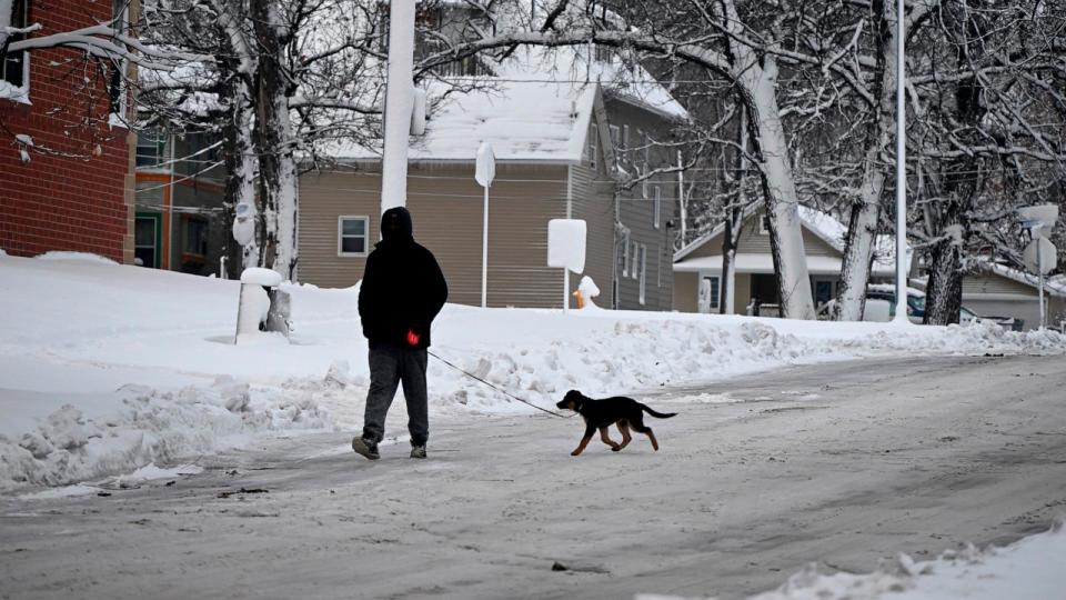 PHOTO: A man walks a dog in the snow in Des Moines, Iowa, on Jan. 10, 2024, as a snowstorm is blocking driveways and roadways.  (Kyle Mazza/NurPhoto via AP)