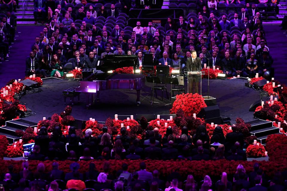 TV personality Jimmy Kimmel speaks during The Celebration of Life for Kobe & Gianna Bryan (Getty Images)