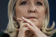 French far-right presidential candidate Marine Le Pen gives a press conference, in Paris, Thursday, Dec. 2, 2021. The first French presidential ballot will take place next year on April 10 and the two top candidates go into a runoff on April 24. (AP Photo/Thibault Camus)